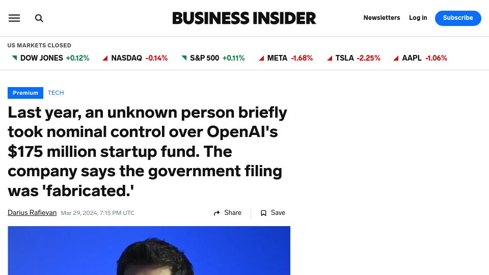 Screenshot of businessinsider.com: A Seemingly Fake Person Was Running OpenAI's $175M Startup Fund