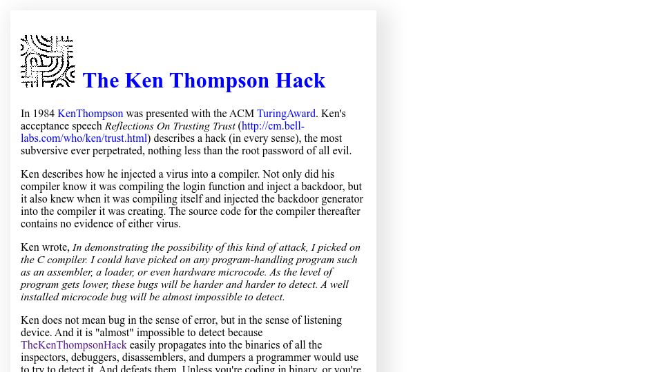 Screenshot of wiki.c2.com: The Ken Thompson Hack