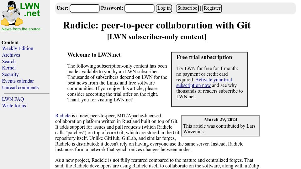 Screenshot of lwn.net: Radicle: Peer-to-Peer Collaboration with Git