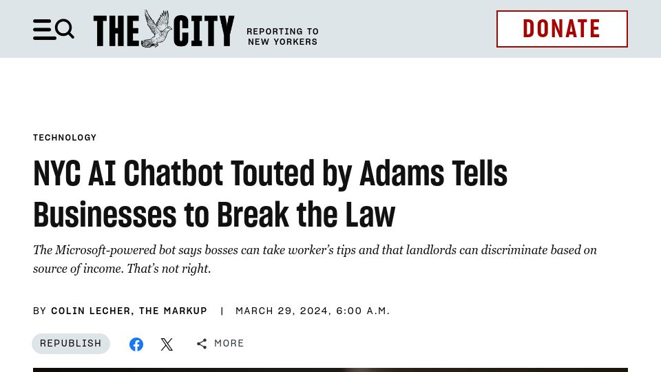 Screenshot of thecity.nyc: NYC AI Chatbot Touted by Adams Tells Businesses to Break the Law