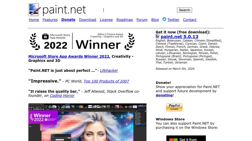 Screenshot of getpaint.net: Paint.net