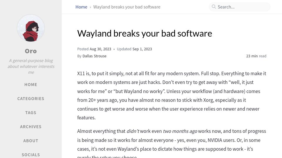 Screenshot of orowith2os.gitlab.io: Wayland breaks your bad software
