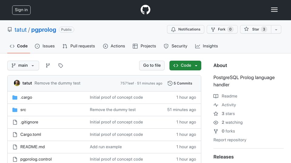 Screenshot of github.com: Prolog language for PostgreSQL proof of concept