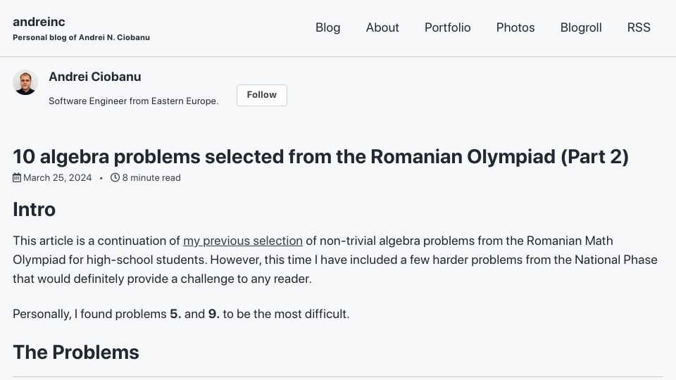 Screenshot of andreinc.net: Algebra problems selected from the Romanian Olympiad (Part 2)