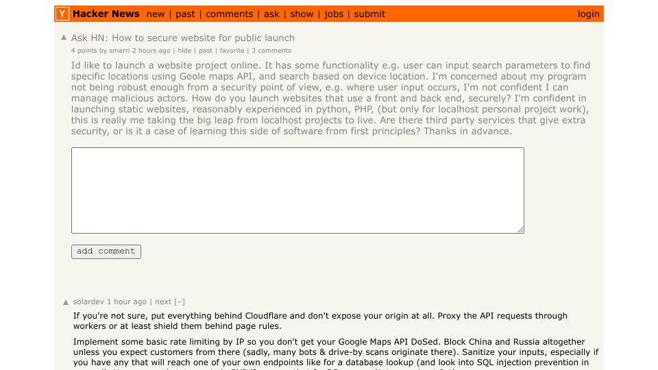 Screenshot of Hacker News post: Ask HN: How to secure website for public launch