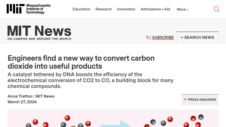 Screenshot of news.mit.edu: Engineers find a new way to convert carbon dioxide into useful products