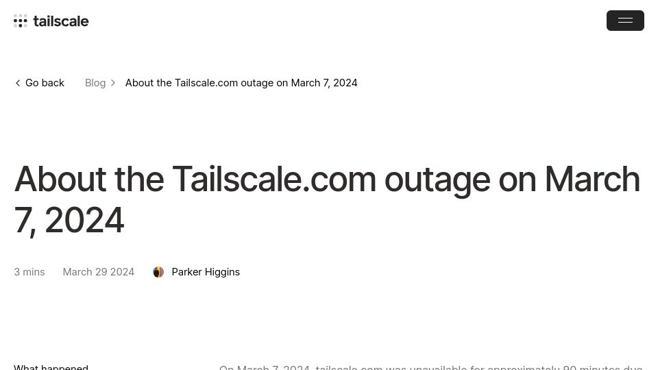Screenshot of tailscale.com: About the Tailscale.com outage on March 7, 2024