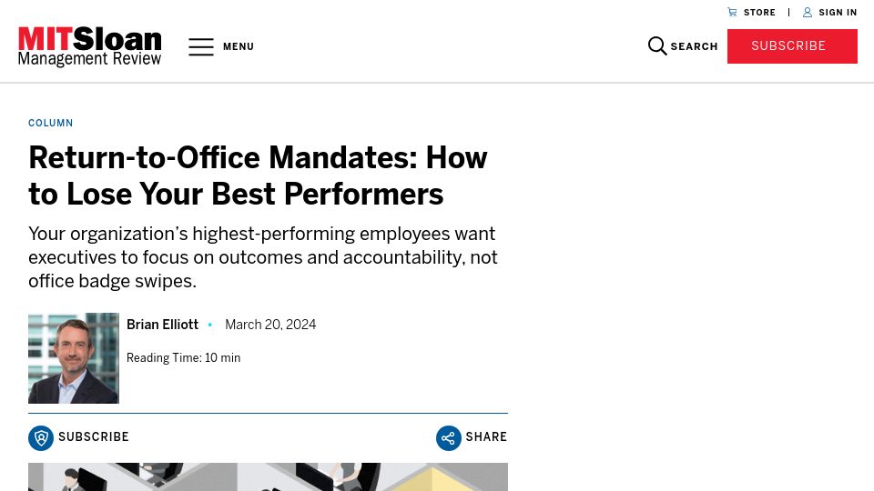 Screenshot of sloanreview.mit.edu: Return-to-Office Mandates: How to Lose Your Best Performers