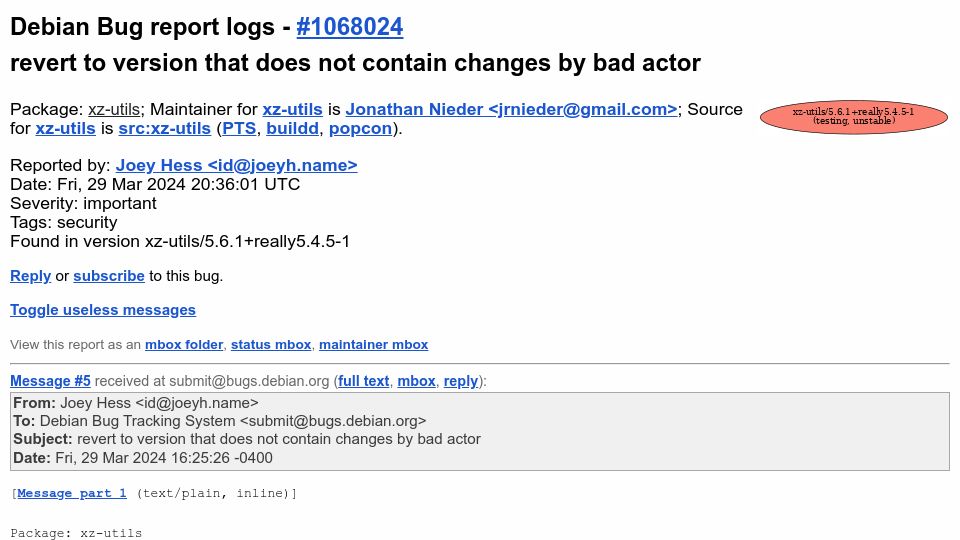 Screenshot of bugs.debian.org: Debian on xz-utils: revert to version that does not contain changes by bad actor