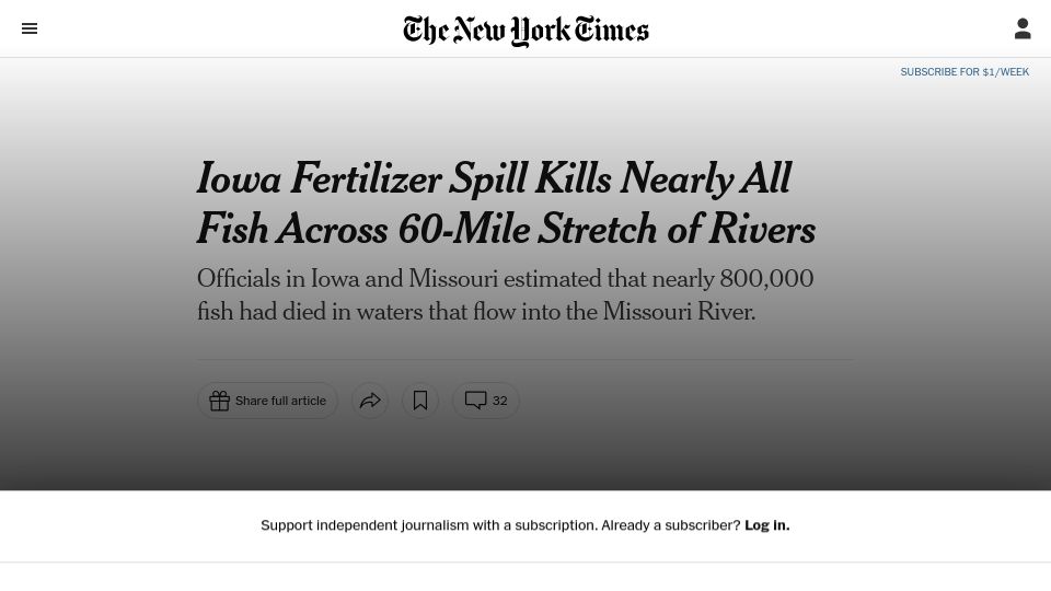 Screenshot of nytimes.com: Iowa fertilizer spill kills nearly all fish across 60-mile stretch of rivers