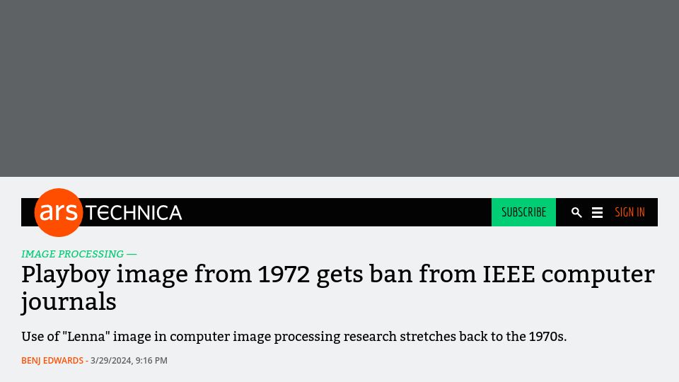Screenshot of arstechnica.com: Playboy image from 1972 gets ban from IEEE computer journals