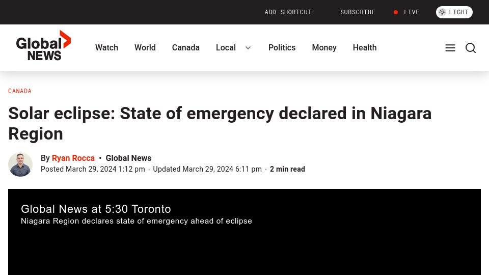 Screenshot of globalnews.ca: State of emergency declared in Niagara Region for Solar eclipse