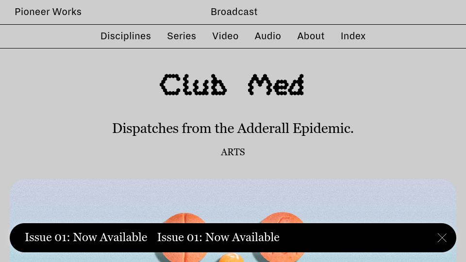 Screenshot of pioneerworks.org: Nine writers on their Adderall use and experiences