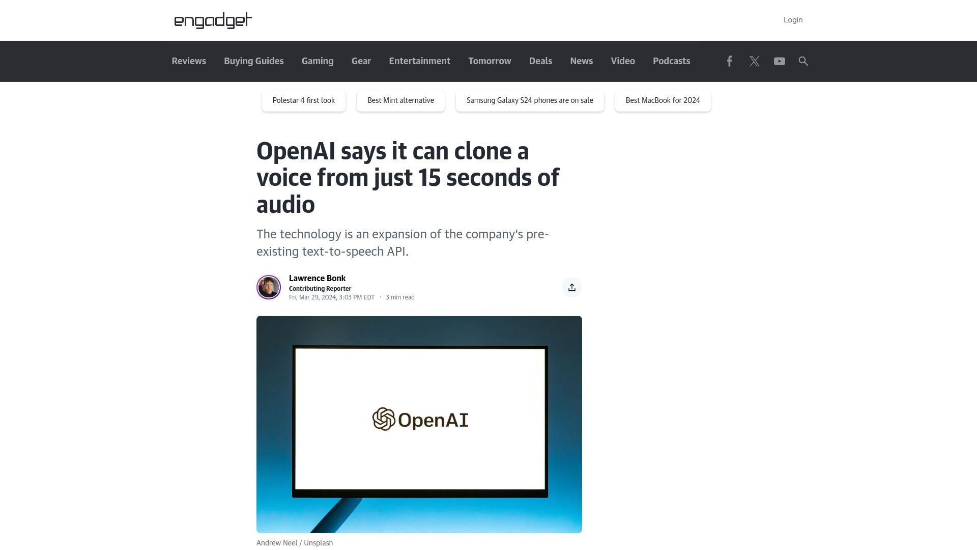 Screenshot of engadget.com: OpenAI says it can clone a voice from just 15 seconds of audio