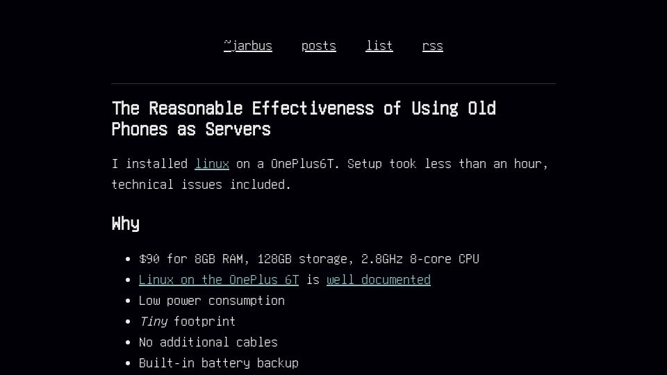Screenshot of jarbus.net: The Reasonable Effectiveness of Using Old Phones as Servers