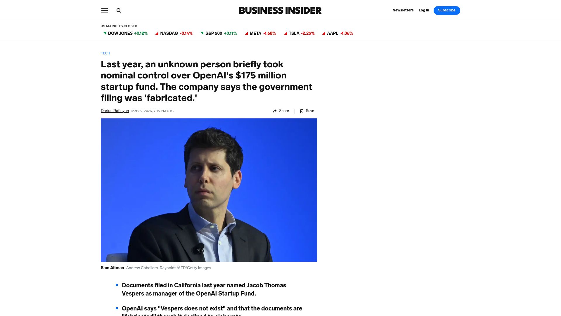 Screenshot of businessinsider.com: A Seemingly Fake Person Was Running OpenAI's $175M Startup Fund
