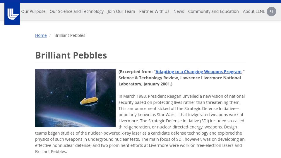 Screenshot of llnl.gov: Brilliant Pebbles (2001)
