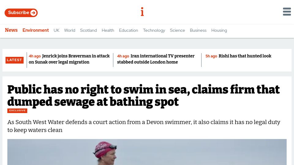 Screenshot of inews.co.uk: British water company dumps sewage, claims "no right to swim in the sea"