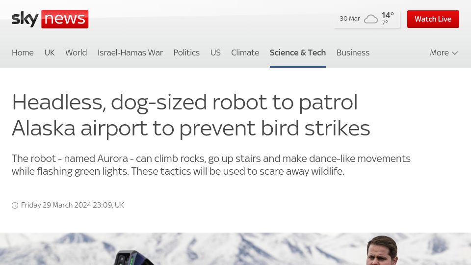 Screenshot of news.sky.com: Headless, dog-sized robot to patrol Alaska airport to prevent bird strikes