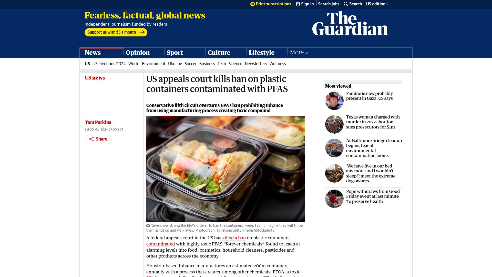 Screenshot of theguardian.com: US appeals court kills ban on plastic containers contaminated with PFAS