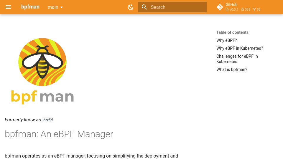 Screenshot of bpfman.io: Bpfman: An eBPF Manager