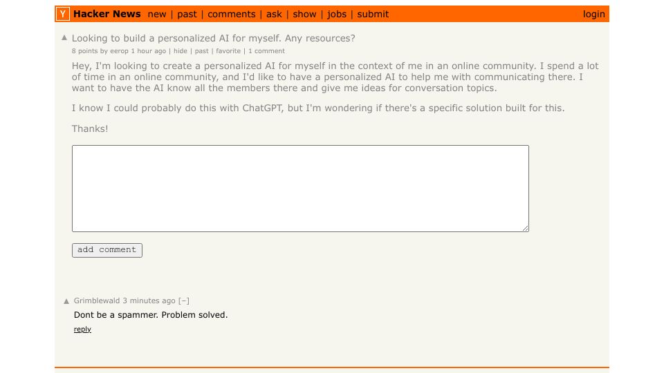 Screenshot of Hacker News post: Looking to build a personalized AI for myself. Any resources?