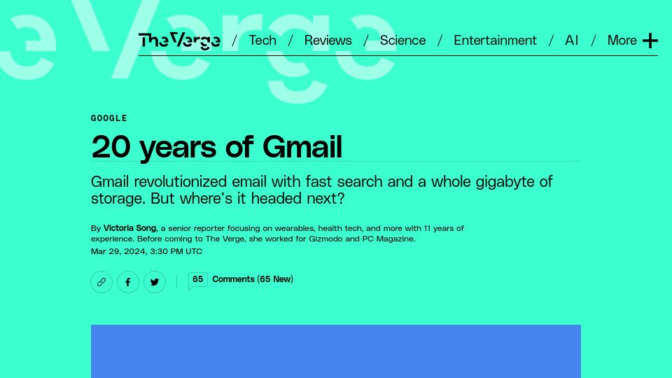 Screenshot of theverge.com: 20 Years of Gmail