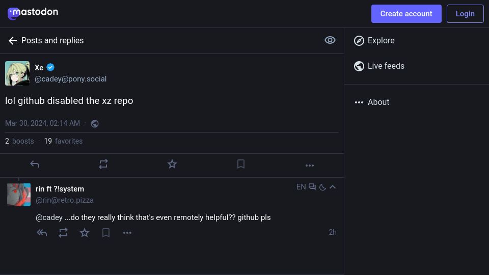 Screenshot of pony.social: GitHub Disabled the Xz Repo