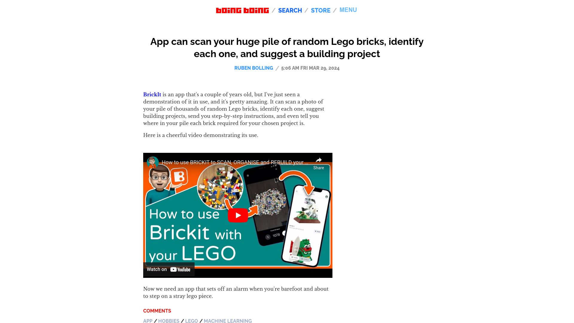 Screenshot of boingboing.net: App scans your pile of Lego and uses ML to suggest projects