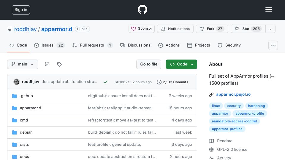 Screenshot of github.com: Show HN: Appamor.d – Full set of AppArmor profiles (~ 1500 profiles)