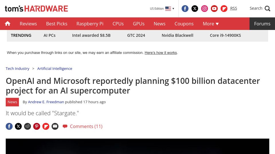 Screenshot of tomshardware.com: OpenAI and Microsoft reportedly planning $100B project for an AI supercomputer