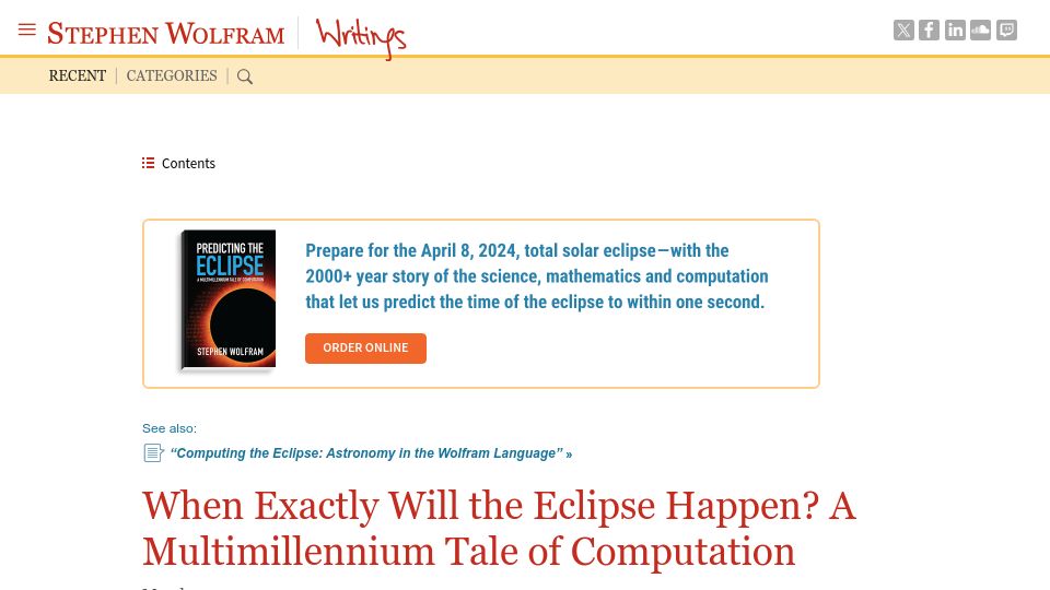 Screenshot of writings.stephenwolfram.com: When will the eclipse happen? A multimillennium tale of computation