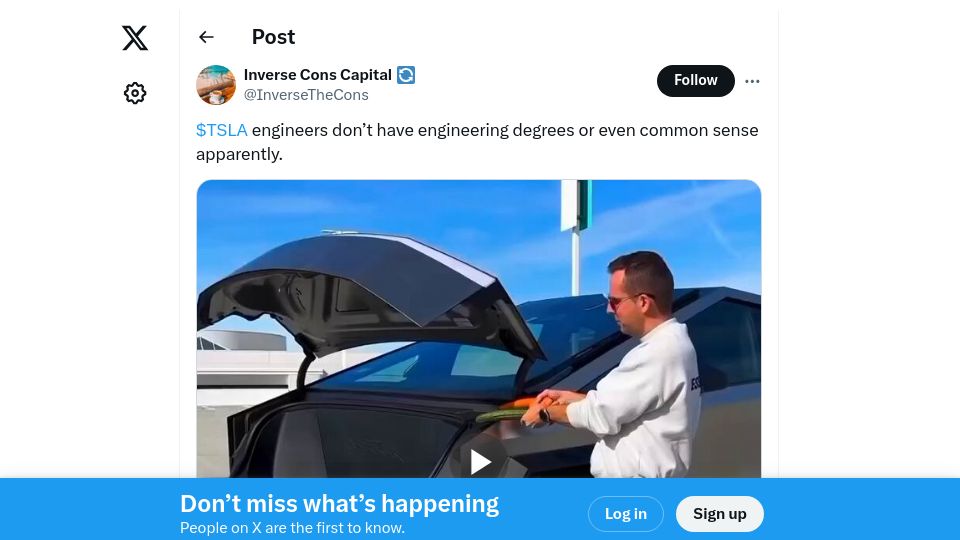 Screenshot of twitter.com: Tesla engineers don't have engineering degrees or even common sense apparently