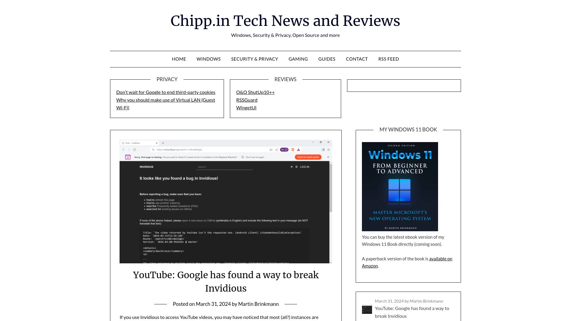 Screenshot of chipp.in: YouTube: Google has found a way to break Invidious