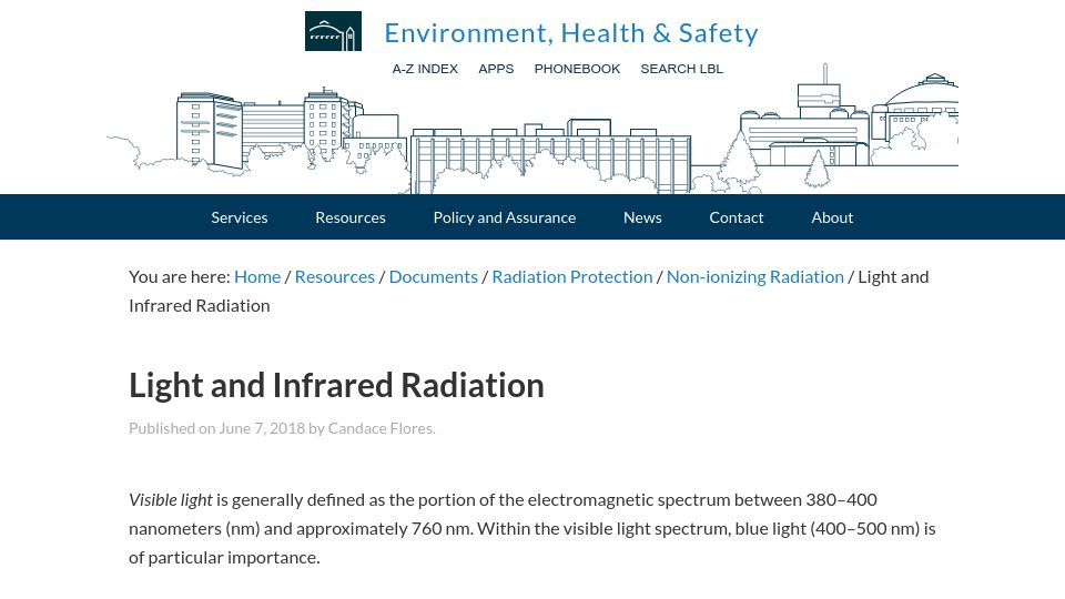 Screenshot of ehs.lbl.gov: Light and Infrared Radiation (2018)