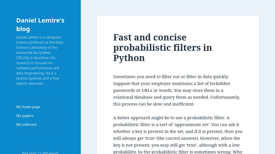 Screenshot of lemire.me: Fast and concise probabilistic filters in Python