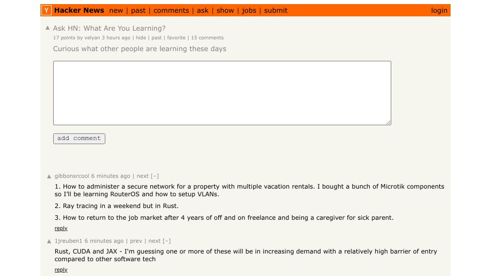 Screenshot of Hacker News post: Ask HN: What Are You Learning?