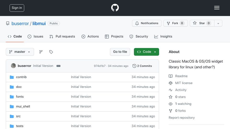 Screenshot of github.com: Show HN: Libmui is a macOS Classic widget lib for Linux