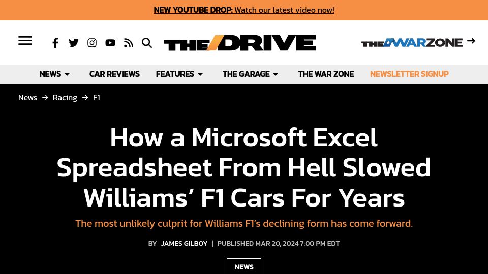 Screenshot of thedrive.com: A Microsoft Excel Spreadsheet from Hell Slowed Williams' F1 Cars for Years