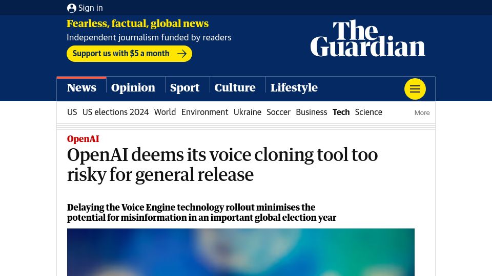Screenshot of theguardian.com: OpenAI deems its voice cloning tool too risky for general release