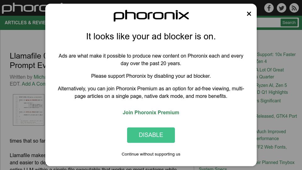 Screenshot of phoronix.com: Llamafile 0.7 Brings AVX-512 Support: 10x Faster Prompt Eval Times for AMD Zen 4