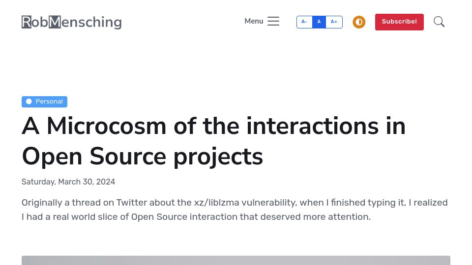 Screenshot of robmensching.com: Xz: A microcosm of the interactions in open source projects