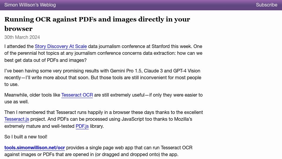 Screenshot of simonwillison.net: Running OCR against PDFs and images directly in the browser