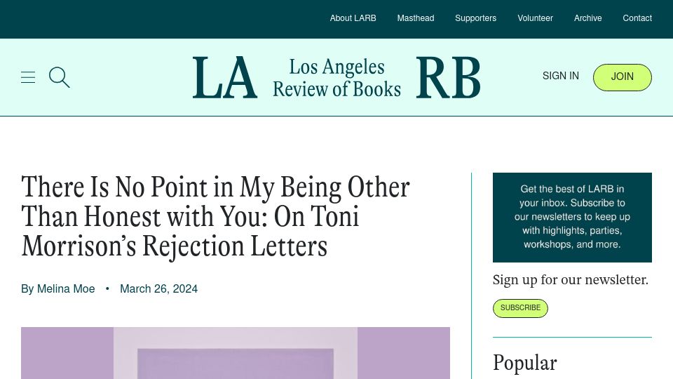 Screenshot of lareviewofbooks.org: Toni Morrison's Rejection Letters