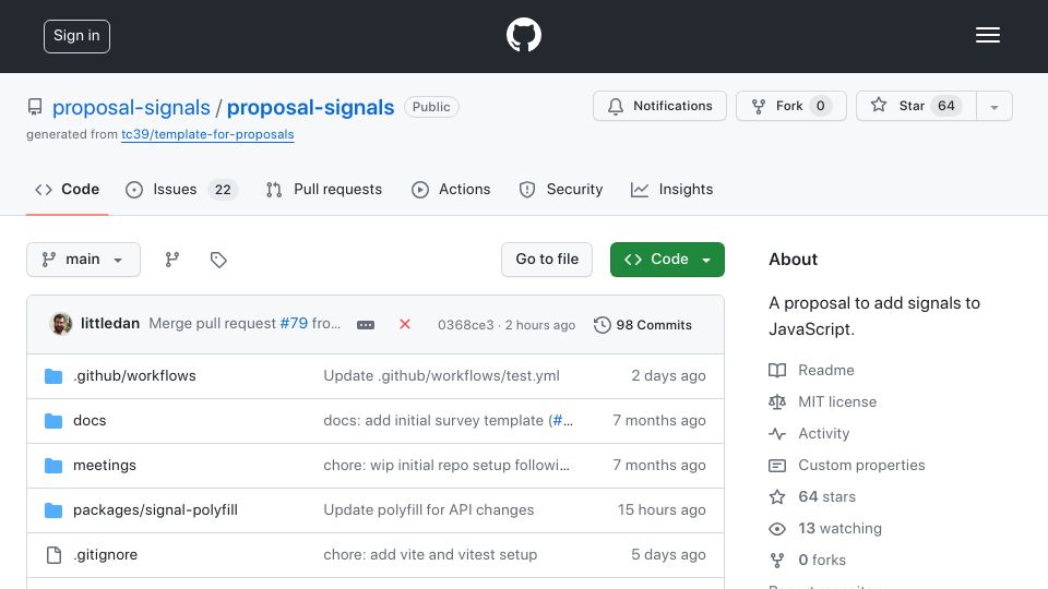 Screenshot of github.com: A proposal to add signals to JavaScript