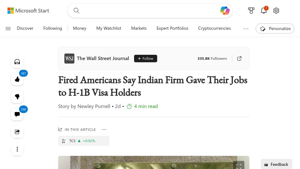 Screenshot of msn.com: Fired Americans Say Indian Firm Gave Their Jobs to H-1B Visa Holders