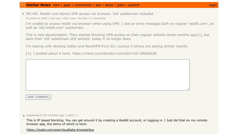 Screenshot of Hacker News post: Tell HN: Reddit now blocks VPN access via browser, 'old' subdomain included