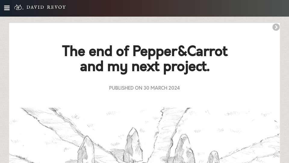 Screenshot of davidrevoy.com: The end of Pepper&Carrot and my next project