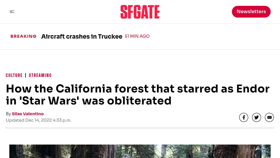 Screenshot of sfgate.com: How the California forest that was Endor in 'Return of the Jedi' was obliterated (2022)