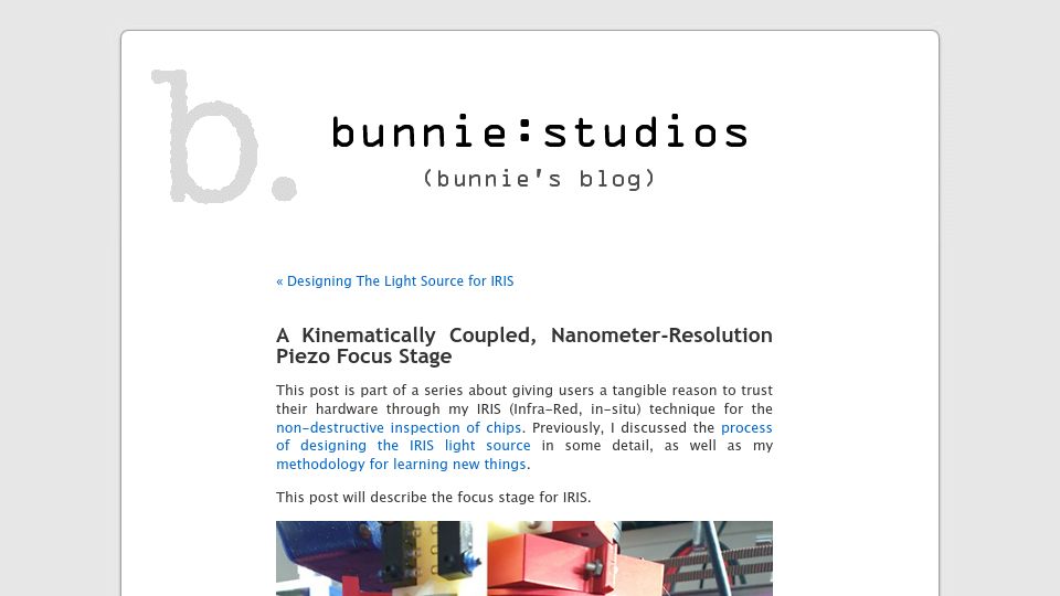 Screenshot of bunniestudios.com: A kinematically coupled, nanometer-resolution piezo focus stage